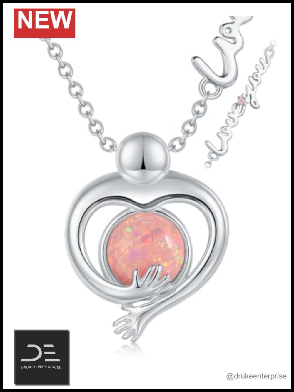 925 Sterling Silver Hug Pink Opal Pendant Necklace, Adjustable Chain, Love You
